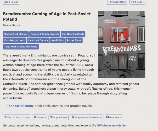 Breadcrumbs: Coming of Age in Post-Soviet Poland by Kasia Babis  There aren't many English-language comics set in Poland, so I was eager ...