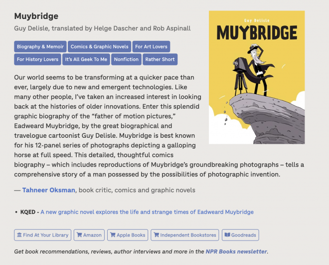 Muybridge by Guy DeLisle  Our world seems to be transforming at a quicker pace than ever, largely due to new and emergent technologies. L...