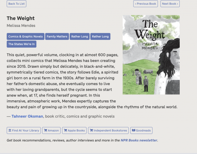 The Weight by Melissa Mendes  This quiet, powerful volume, clocking in at almost 600 pages, collects mini comics that Melissa Mendes has ...
