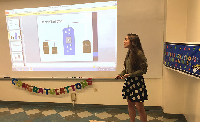 Katherine Ness, a senior Biomedical Sciences major, defended her thesis on by-product formation in ozone bleaching.