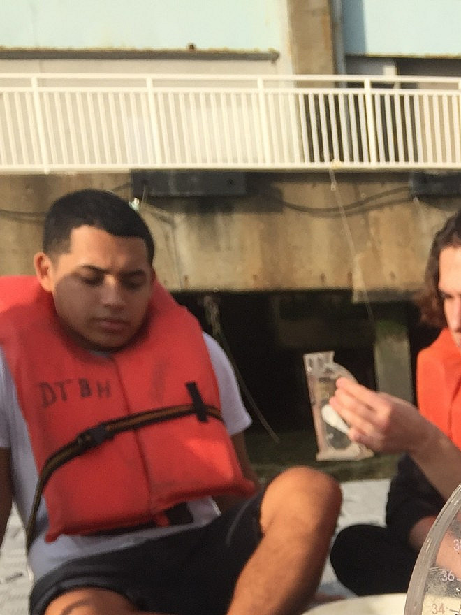 NYC 103 freshmen test water quality at the River Project at Pier 40 on the Hudson River.