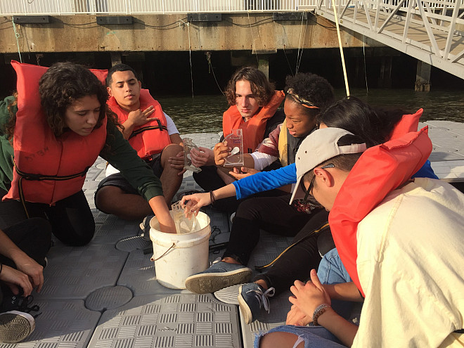 NYC 103 freshmen test water quality at the River Project at Pier 40 on the Hudson River.