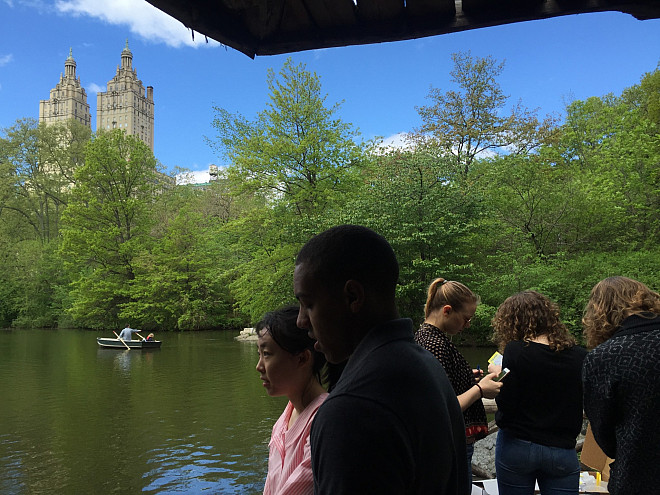 Prof. Leri's Chemistry and the Environment (CHEM/ENV 105) students measure water quality in The Lake in Central Park's Ramble.
