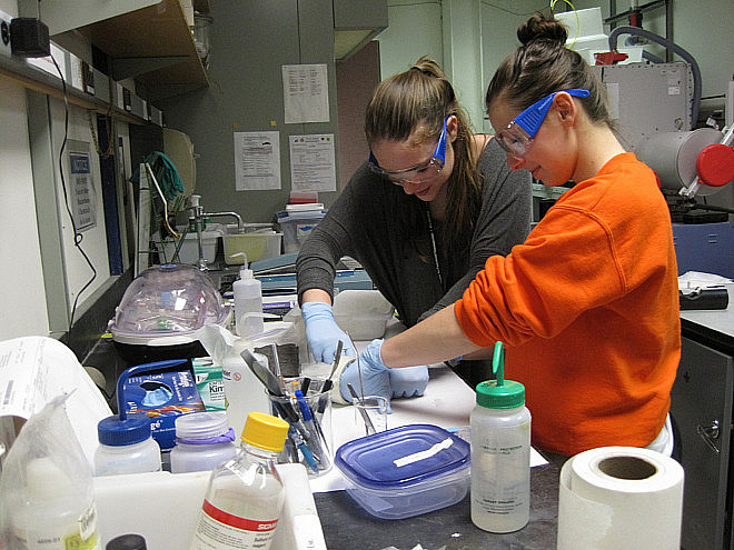 Katie and Marisa making samples in the prep lab.