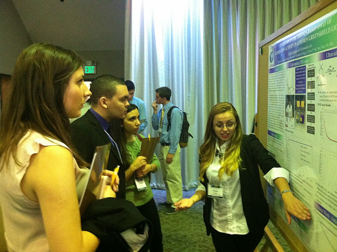 Marisa Dunigan presented her poster, Confounds in the Thionin-Based Assay of Chlorination Activity in Common Greenshield Lichen, in the B...