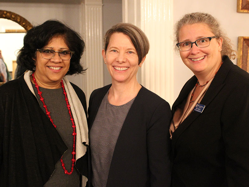 Radhika Balakrishnan, President Kerry Walk, and Katie LeBesco at the inaugural Gurcharan Singh Memorial Lecture