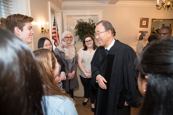 UN Secretary-General Ban Ki-moon greets students before receiving an honorary doctorate from MMC
