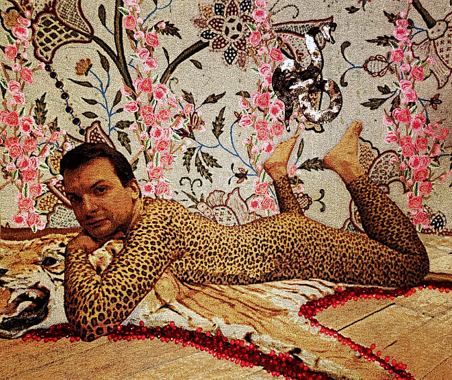 Commodore, Greg in a Catsuit, Digitally woven cotton thread with applique, plastic beads, and embroidery, 48 x 58”, 2018,