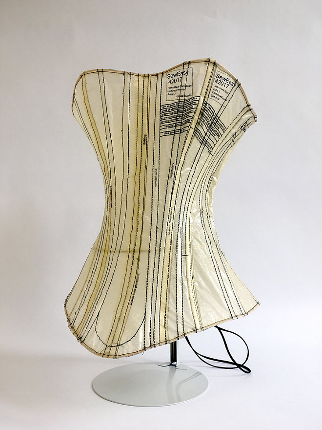 Deler, Corset #7 Woman's Work, Screen print on tissue paper, plastic and metal boning, suede lacing, metal eyelets, copper wire, 14 x 11 ...
