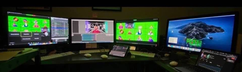 Video Enginer Matthew Straub '19 set up multiple computers to control Zoom, Isadora, and other pr...