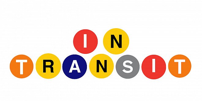 Poster shows the title In Transit, using the colorful (red, yellow, orange, blue, and gray) NYC subway line labels for each letter.