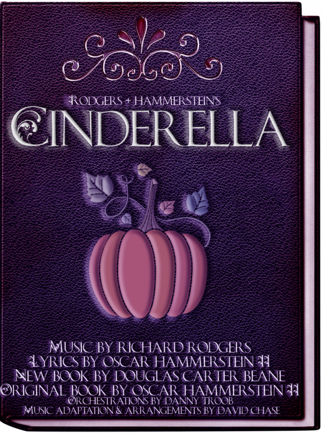 A purple leather bound book decorated with a flourish and a pumpkin Old storybook style text reads Rodgers and Hammersteins Cinderella